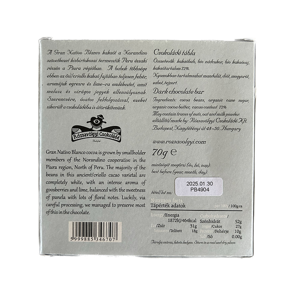 Rózsavölgyi Csokoládé Peru Gran Nativo Blanco 72% Chocolate - Image 2